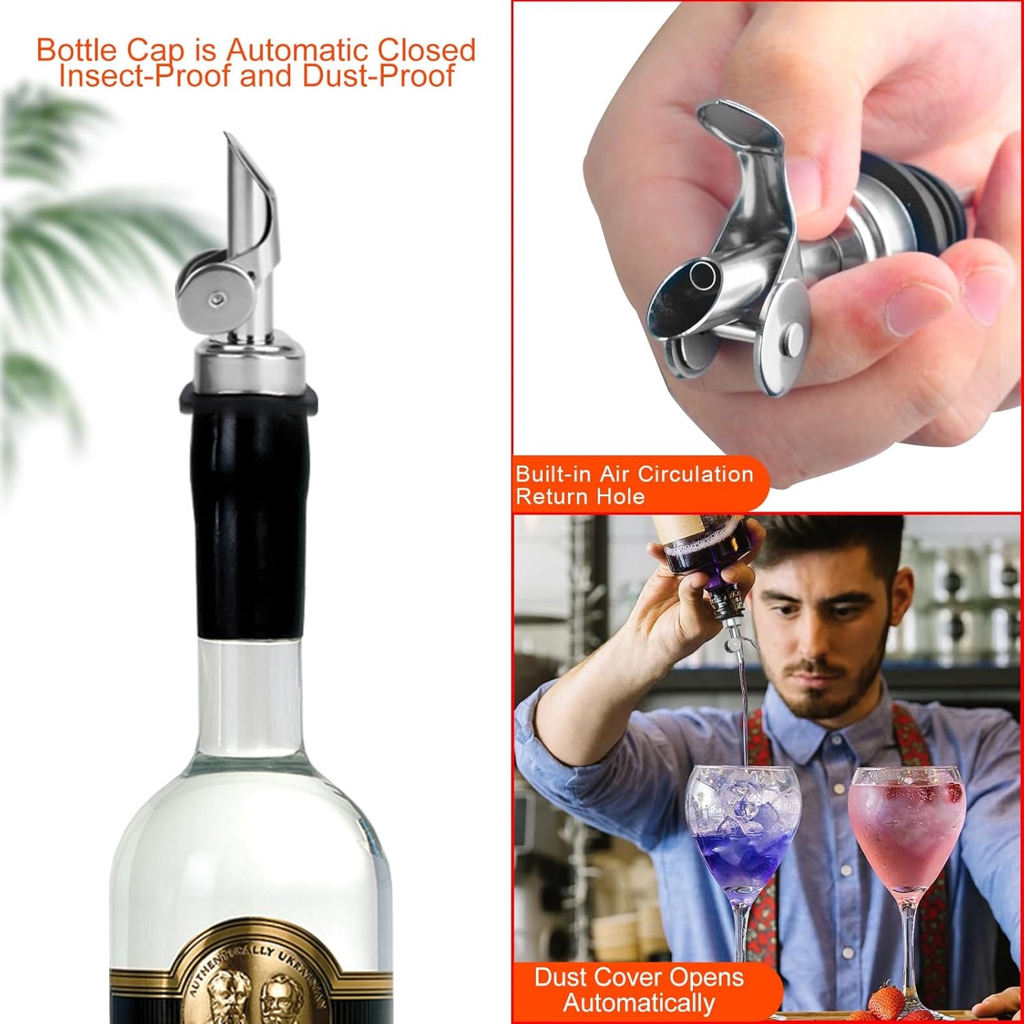 2PCS Stainless Steel Pourers, Speed Liquor Bottle Pourer, Olive Oil and Vinegar Tapered Stopper Spout, Suitable for About 3/4" Bottle Mouth, Olive Oil Spout with Sealed Dust Caps