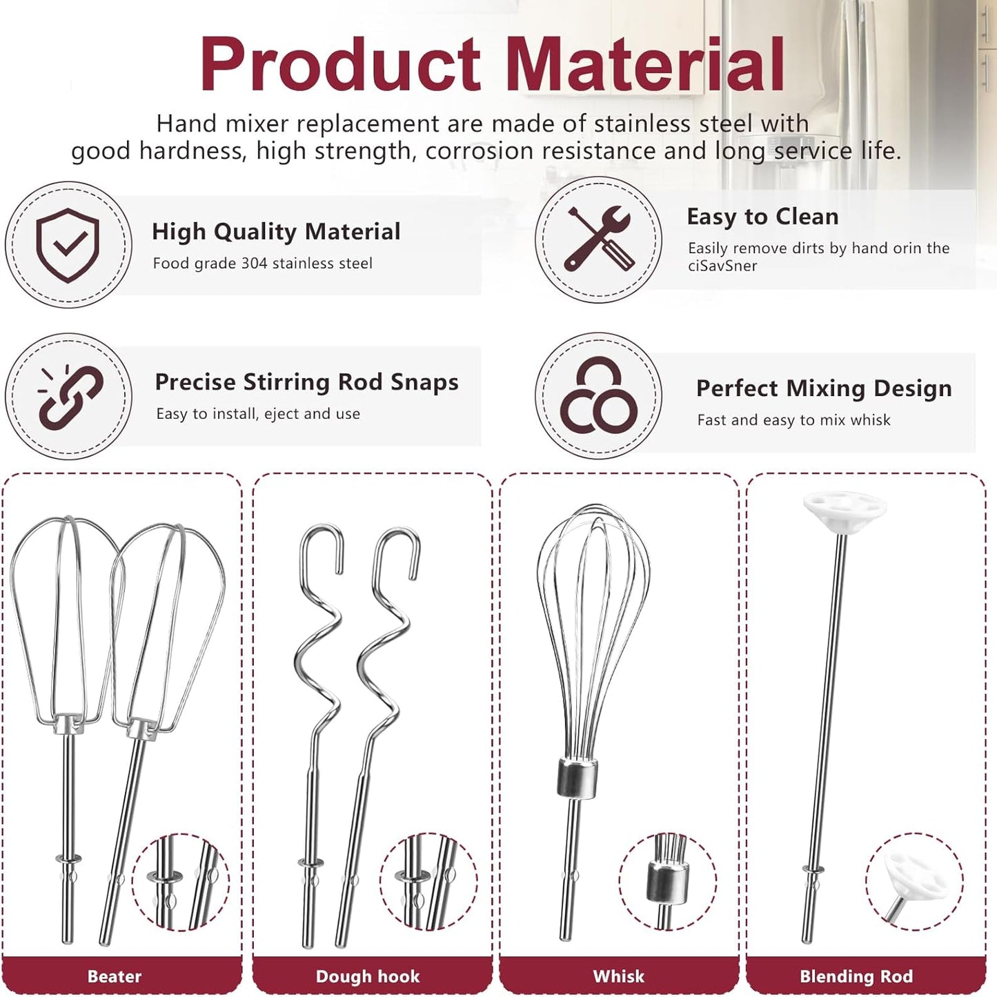 Hand Mixer Attachments Beater, Whisk, Blending Rod and Dough Hooks, Stainless Steel Hand Mixer Accessories Compatible with Kitchenaid Hand Mixers KHM3 KHM5 KHM7 KHM9, Set of 6