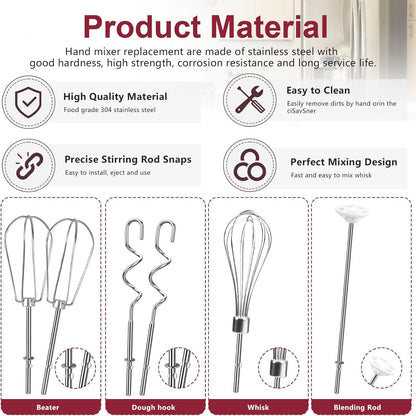 Hand Mixer Attachments Beater, Whisk, Blending Rod and Dough Hooks, Stainless Steel Hand Mixer Accessories Compatible with Kitchenaid Hand Mixers KHM3 KHM5 KHM7 KHM9, Set of 6