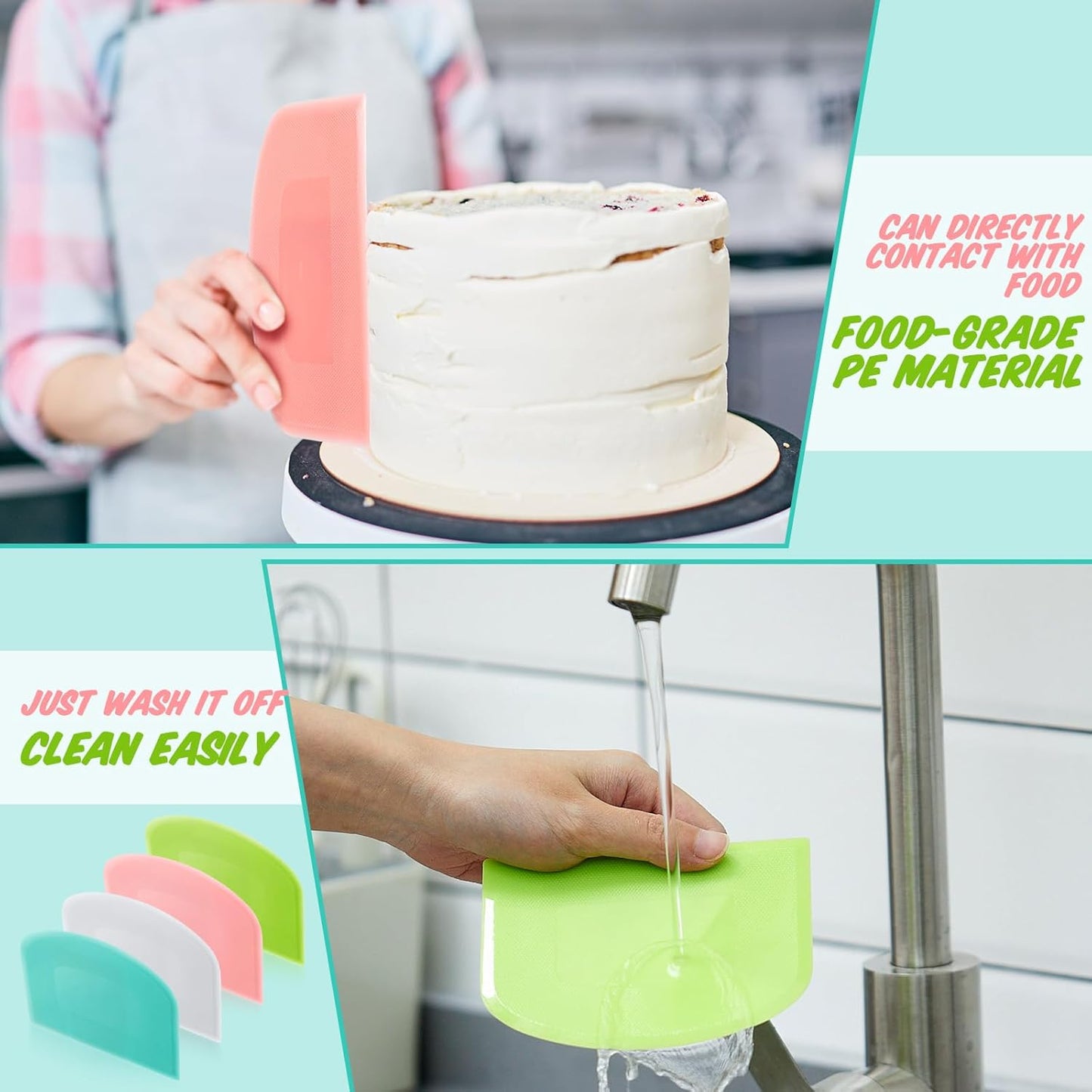 Thyle 20 Pcs Plastic Dough Scraper Set Bowl Multipurpose Dough Cutter Flexible Scraper Spatula for Kitchen Baking Tool Cake Bread Pizza Food Pastry Icing Fondant, White, Pink, Green and Blue