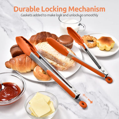 600ºF Heat Resistant Kitchen Tongs: U-Taste 9 inch Silicone Cooking Tong with Firm Sealed Non Stick Rubber Tips & Silicon Coated 18/8 Stainless Steel Handle & Smooth Locking for Serving Salad (Black)