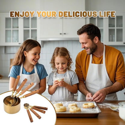 Measuring Cups and Spoons Set,Premium Stainless Steel Measuring Cups and Spoons Set with Wood Handle, 8-Pieces Kitchen Essentials for Baking, Coffee with Ergonomic Grip & Engraved Markings(Silver8)