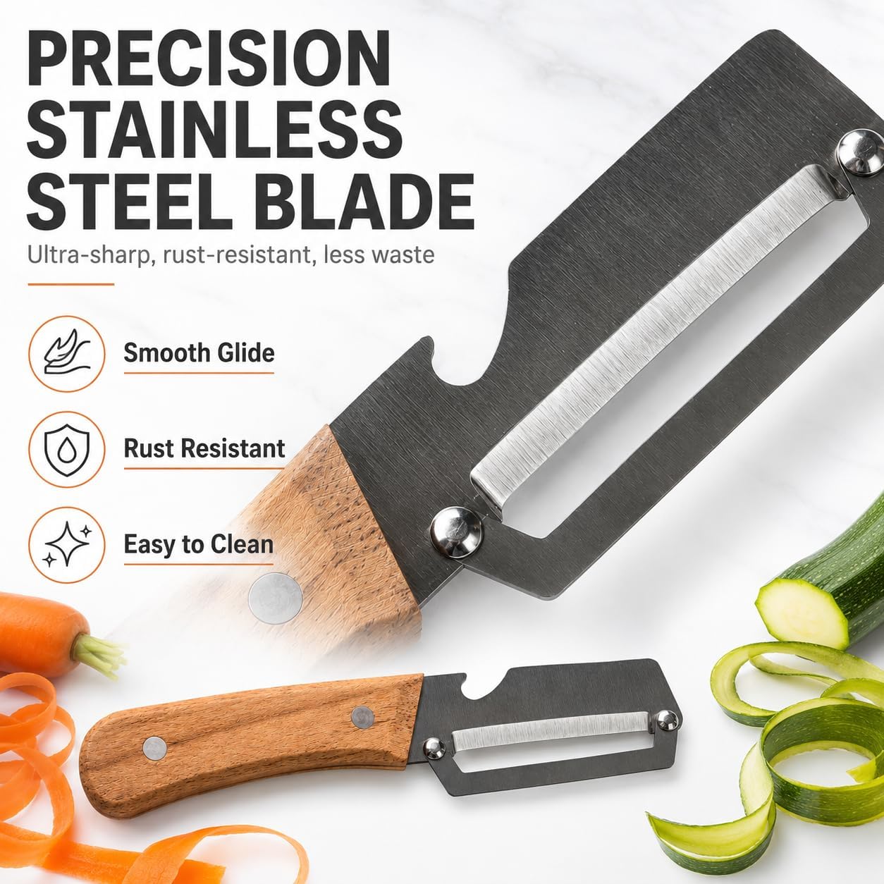 Premium Vegetable Peeler with Ergonomic Wooden Handle & Built-in Bottle Opener - Professional Stainless Steel Blade for Potato, Apple, Pumpkin - Multi-functional Kitchen Tool for Effortless Peeling