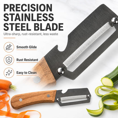 Premium Vegetable Peeler with Ergonomic Wooden Handle & Built-in Bottle Opener - Professional Stainless Steel Blade for Potato, Apple, Pumpkin - Multi-functional Kitchen Tool for Effortless Peeling