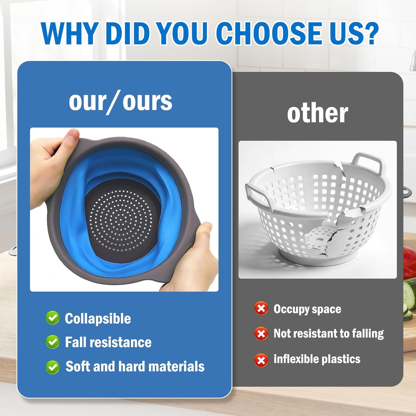 Collapsible Colander Set, Silicone Collapsible Strainers for Kitchen, Perfect for Draining Pasta, Vegetable and Fruit, Food Strainer, Dishwasher Safe (3 Pack)