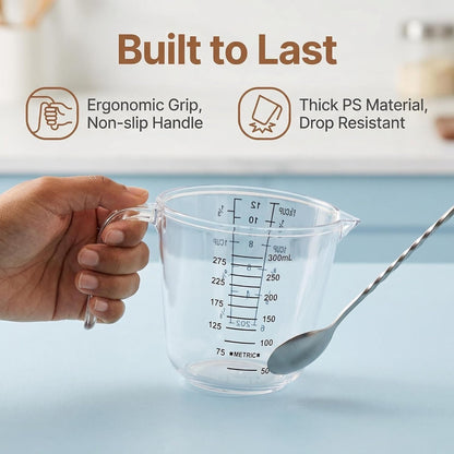 BPA-Free Plastic Measuring Cup 300ml/1 ½ Cup – Clear with Dual ml/cup Marks, Heat-Resistant 0-176°F, V-Shaped Spout for Drip-Free Pouring, Comfort Grip Handle for Baking & Cooking