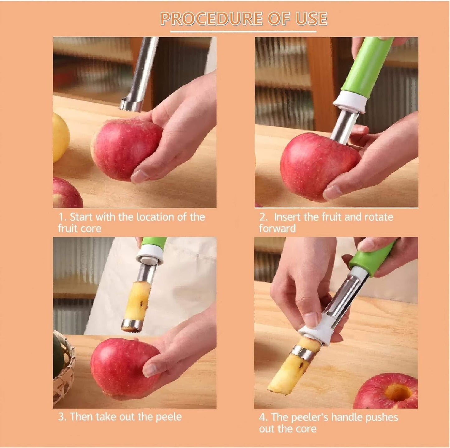 2-in-1 Retractable Fruit Corer and Peeler, Stainless Steel Vegetable Peeler and Core Remover Tool for Apples, Pears, Potato, Ergonomic Kitchen Gadget for Food Prep, Red, 8.86 x 1.3 in