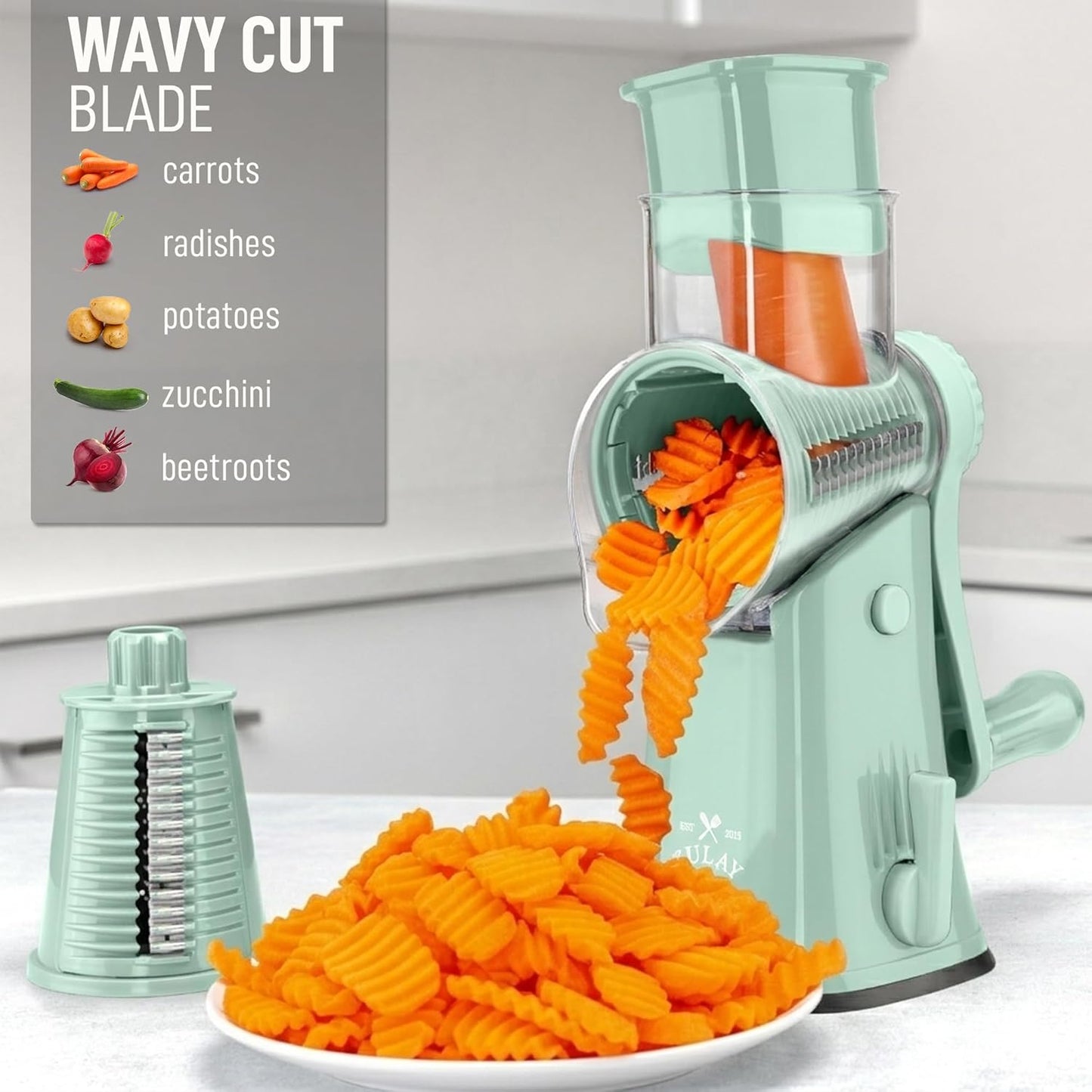 Zulay Kitchen Rotary Cheese Grater 5 Blade Cheese Shredder - Manual Hand Crank Cheese Grater With Reinforced Suction & 5 Interchangeable Drums - Easy to Use, Vegetable Chopper Round Mandoline Slicer - Colors B