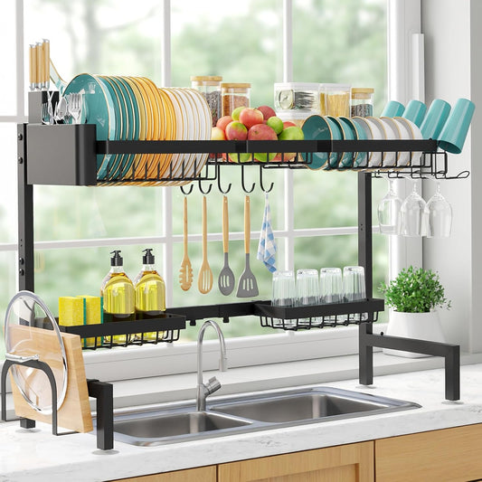 Sakugi Over The Sink Dish Drying Rack - Adjustable 2 Tier Large Capacity Stainless Steel Drainer with Cutlery & Utensil Holders, Kitchen Storage & Organization, 30"-33.9" L x 11" W x 21.5" H, Black