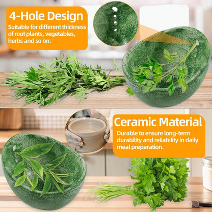 Herb Stripper Bowl with Four Sizes Holes, Herb Stripper, Ceramic Handmade Herb Stripper Tool, Herb Peeler for Kale, Thyme, Basil, Rosemary Separating Leaves and Stems(Green)