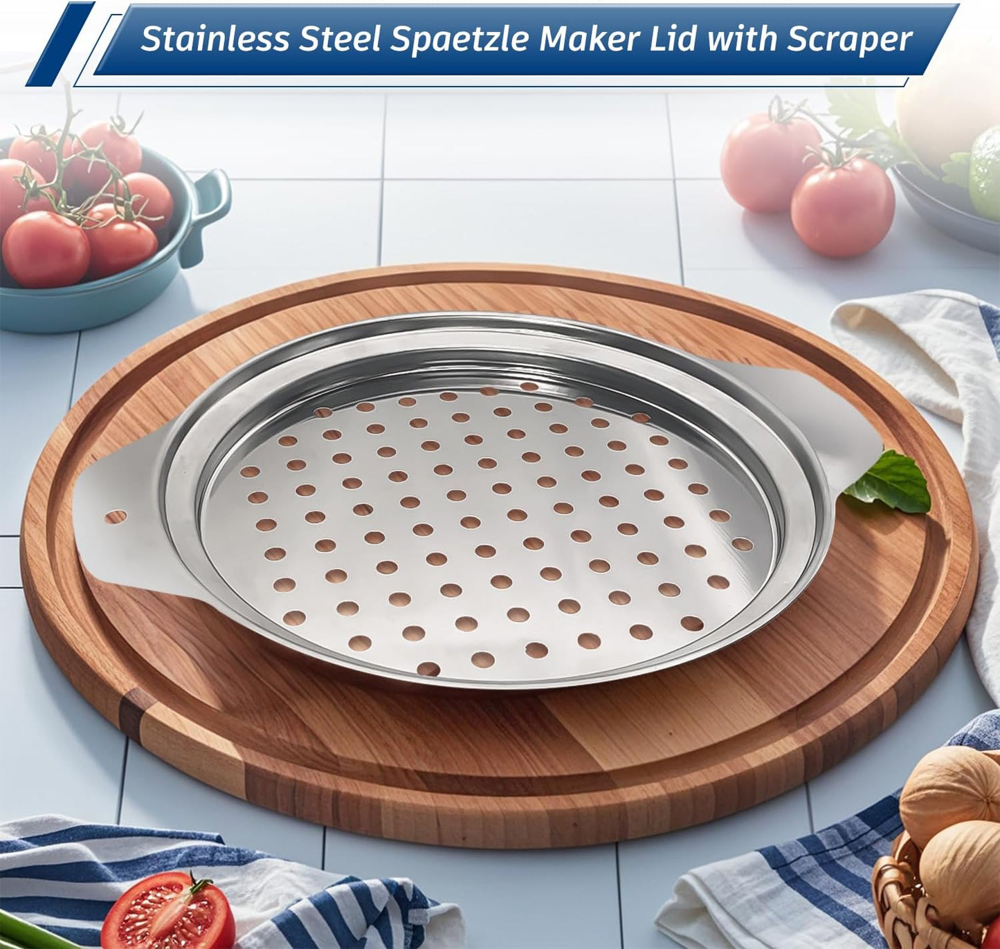 Premium Grade Stainless Steel Spaetzle Maker with Anti-slip Rubber Handle, Spider Strainer Skimmer, Silicone Scraper and Plastic Brush, Homemade German Egg Noodle Dumpling Making Tool Set