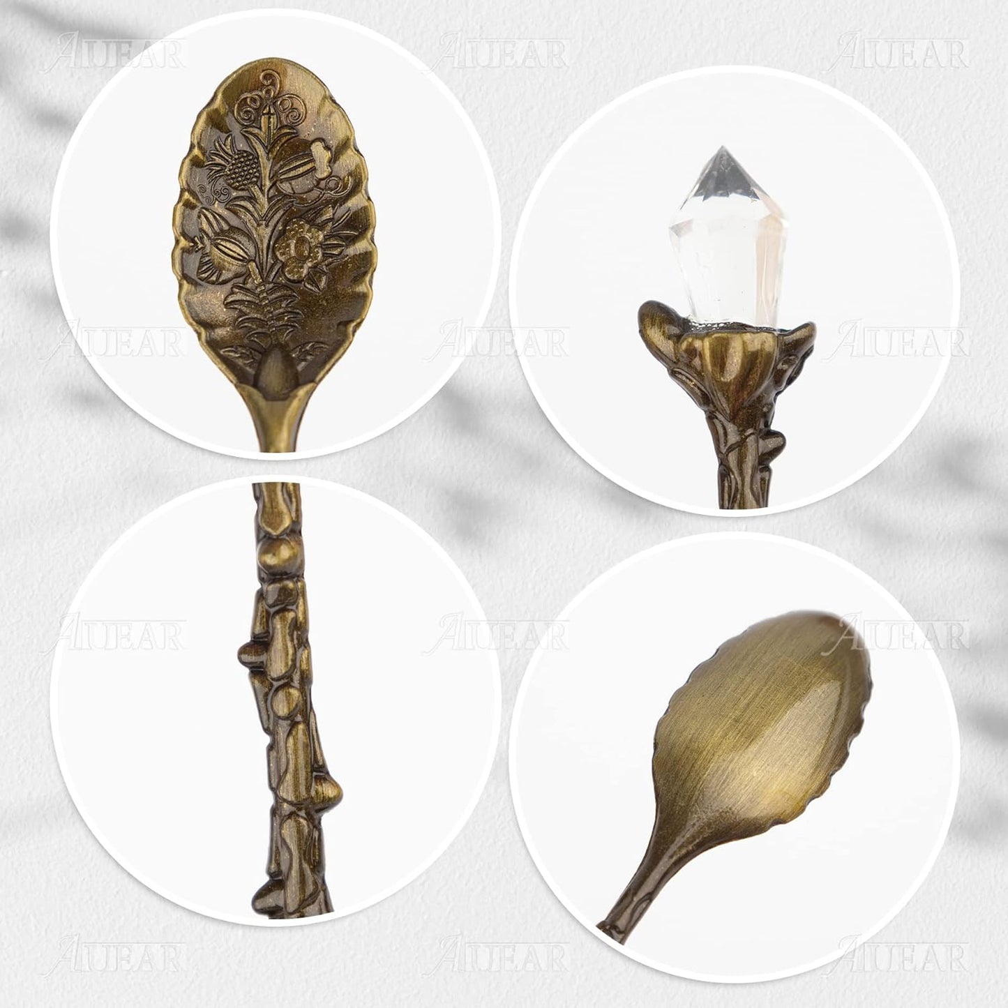 AUEAR, Retro Crystal Antique Alloy Spoon Coffee Tea Dessert Mini Ice Cream Decorative Spoons Set for Home Office (10 Pack)
