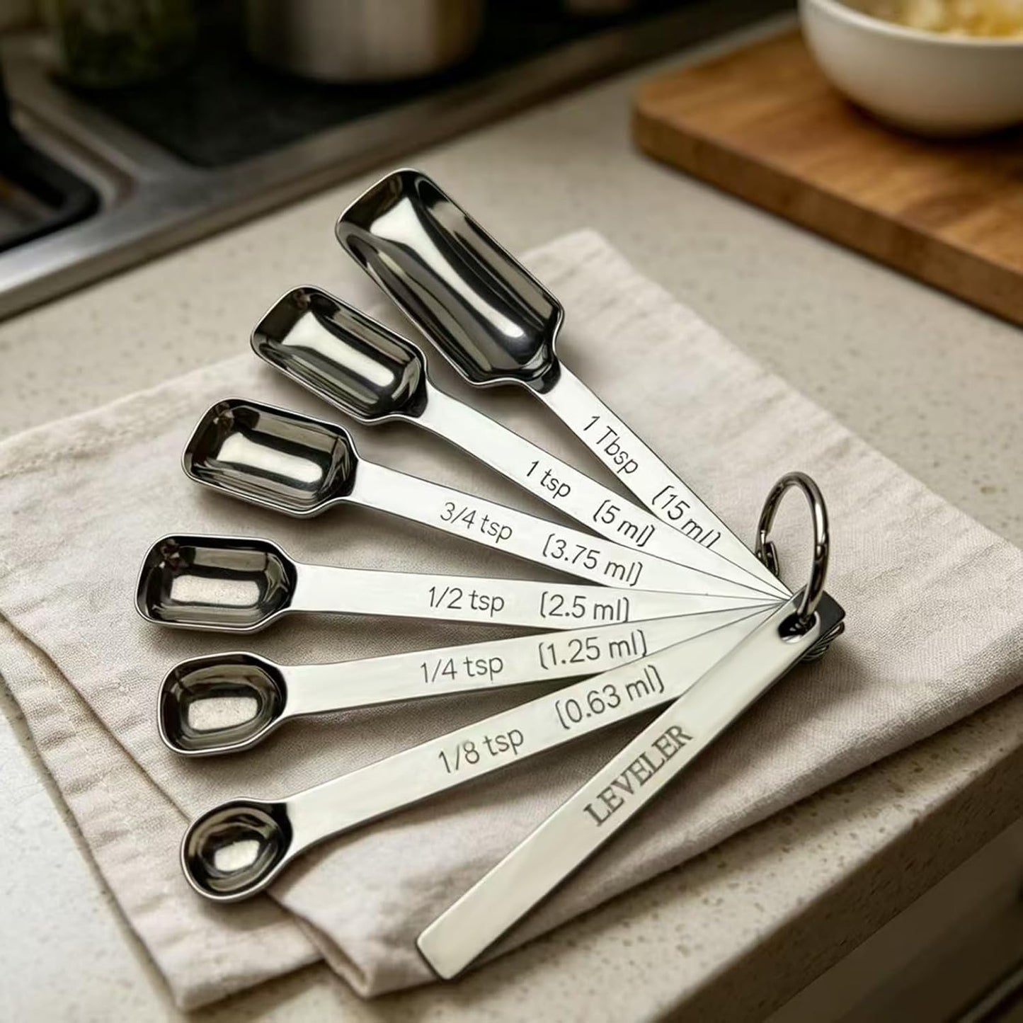 Stainless Steel Measuring Spoons Set of 7 with Leveler, Long Handle Rectangular Metal Teaspoon Tablespoon for Measuring Kitchen Spice, Dry & Liquid Ingredients
