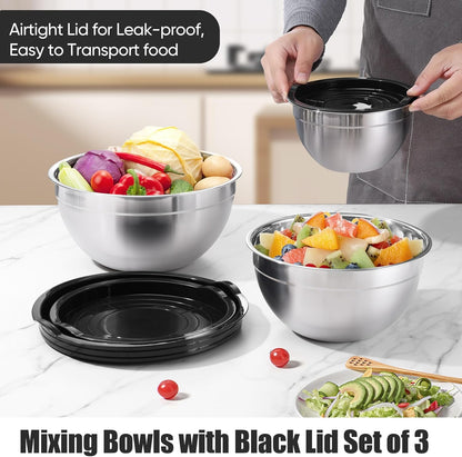P&P CHEF Khaki Mixing Bowls with Lids, Set of 3, Stainless Steel Salad Nesting Bowl for Mixing, Storing, Prepping, Airtight & Stackable, Size 4.6/3 /1.5 QT