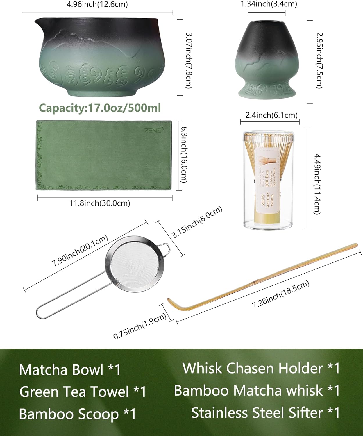 ZENS Pink Matcha Set, Matcha Whisk Set Includes 15oz Ceramic Bowl & (Chasen Holder), Bamboo Whisk & Scoop, Sifter and Pink Tea Towel, 6pcs Matcha Kit for Matcha Lovers