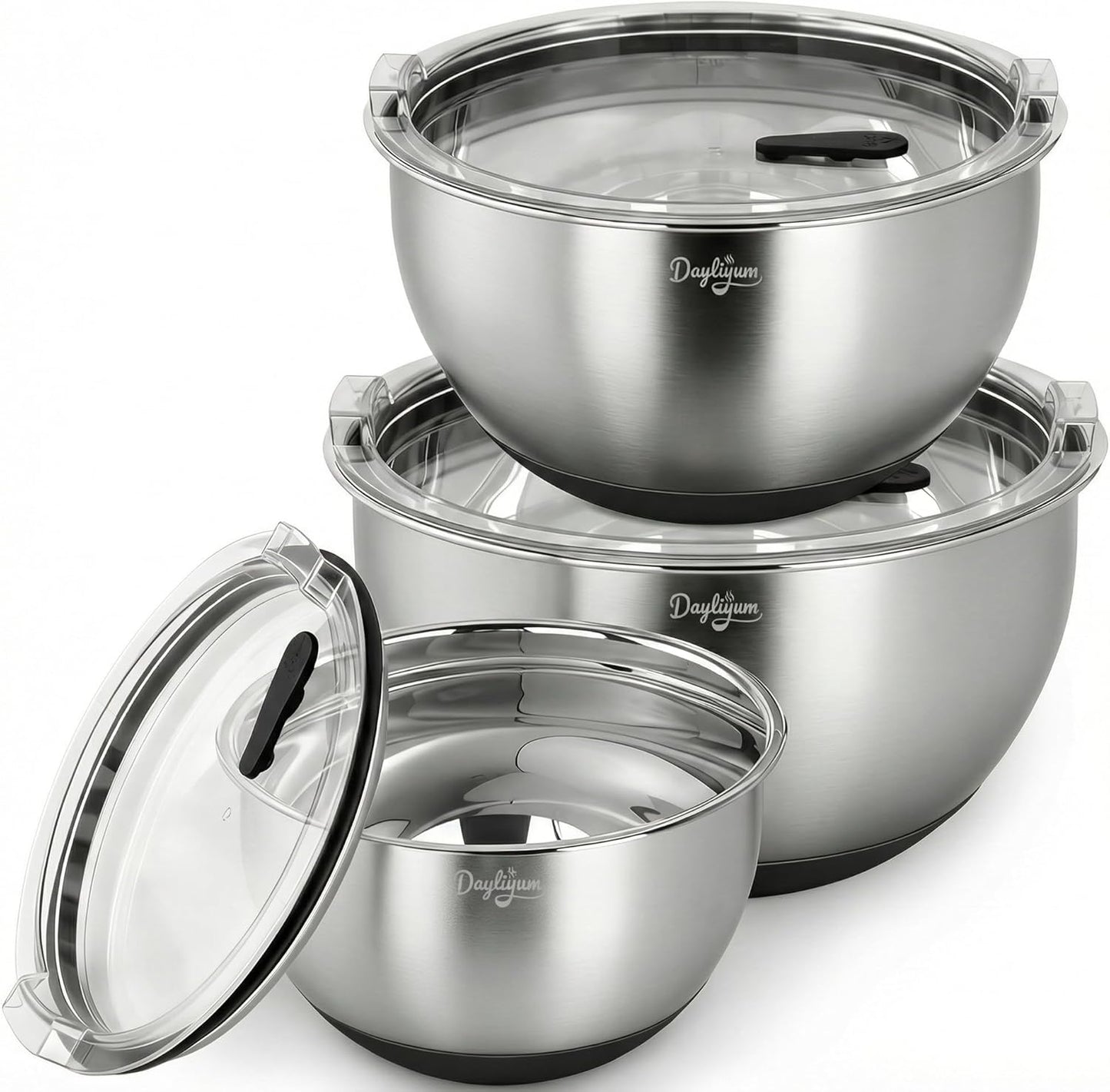 Mixing Bowls with Airtight Lids, Stainless Steel Nesting Bowl Set with Clear Lids & Valve, 3 Essential Sizes (1.5/3/5 QT), Measurement Marks, Non-Slip Silicone Base, Food Prep & Fridge Storage, Black