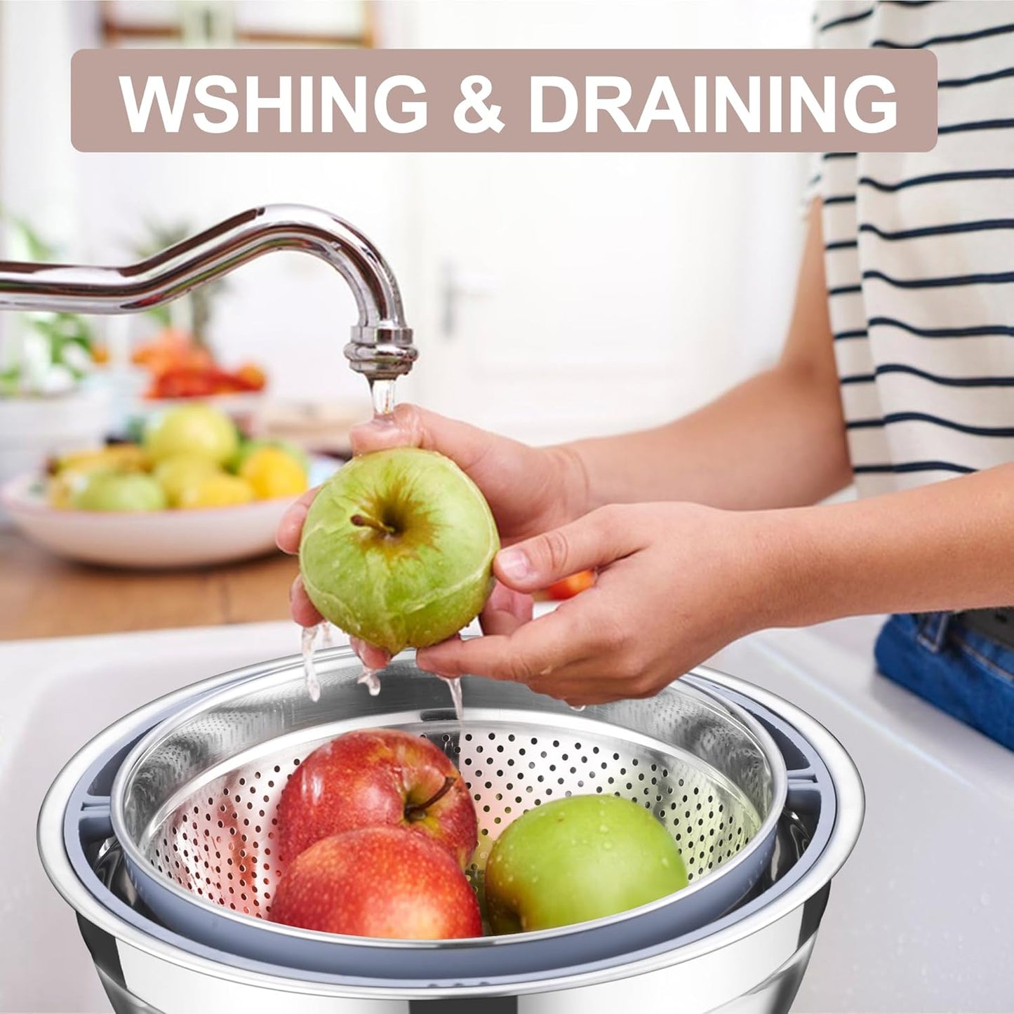 E-far Colander with Mixing Bowl Set, 4-1 Stainless Steel Colander Strainers Bowl with Graters for Kitchen, Rotatable Food Strainer Bowl for Rinsing Fruits Vegetables/Draining Pasta - Blue