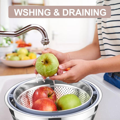 E-far Colander with Mixing Bowl Set, 4-1 Stainless Steel Colander Strainers Bowl with Graters for Kitchen, Rotatable Food Strainer Bowl for Rinsing Fruits Vegetables/Draining Pasta - Blue