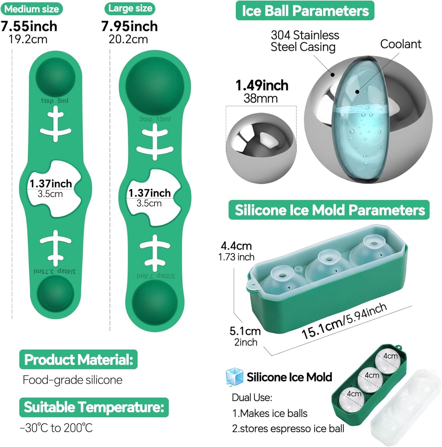 Espresso Cooling Ball Set - Rapidly Chills Espresso Without Dilution to Taste the Difference, with Magnetic Measuring Spoons & Silicone Ice Tray, Versatile for Coffee, Cocktails & Whiskey (Green)