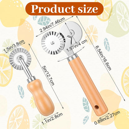 Qianyu 2 Pcs Double Fluted Pasta Cutter Pastry Wheel Cutter Stainless Steel Ravioli Crimper Edge Cheese Slicers Wheel with Wooden Handle for Home Kitchen Making Pastry Pizza Cookie Pasta Tools