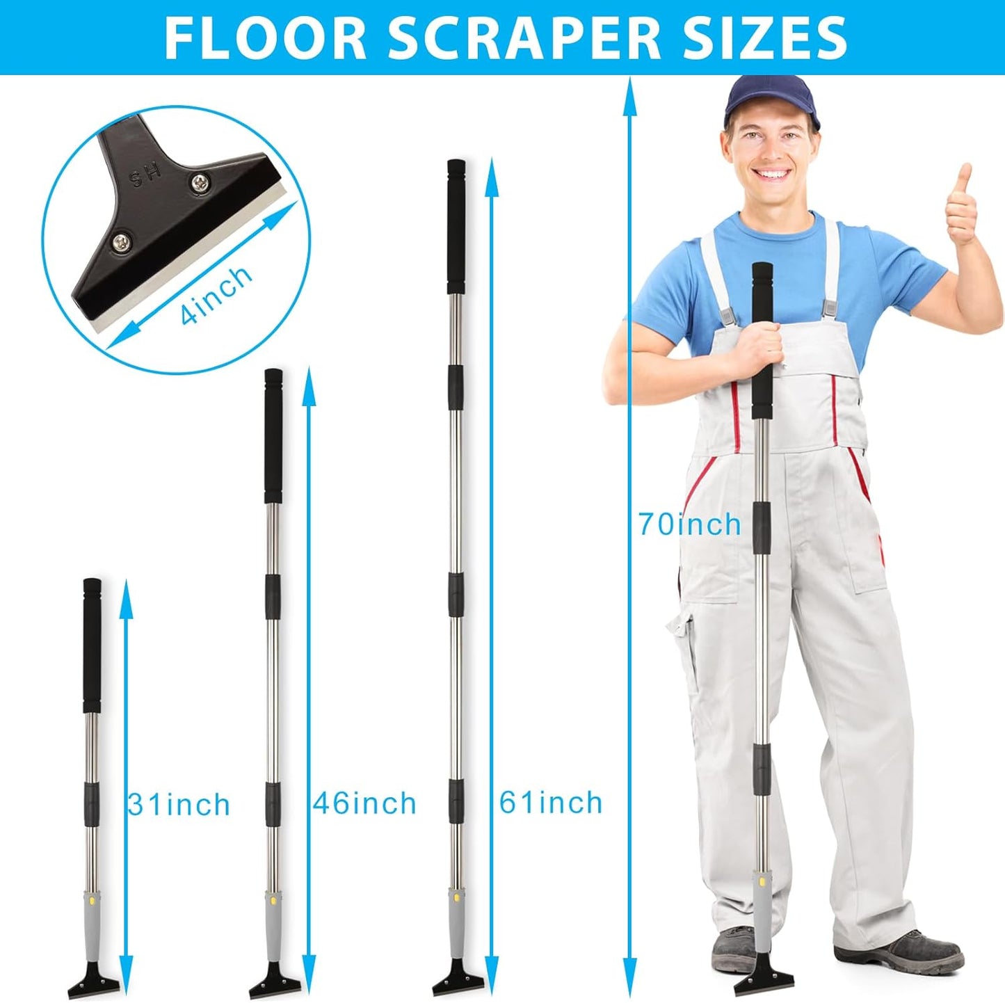 Floor Scraper, 31" to 61" Scraper Tool Long Handle with 4-inch Razor Blade Stainless Steel Material Adjustable Cleaning Glass Wall Gum Paint Tile Glue Linoleum Carpet Sturdy Durable