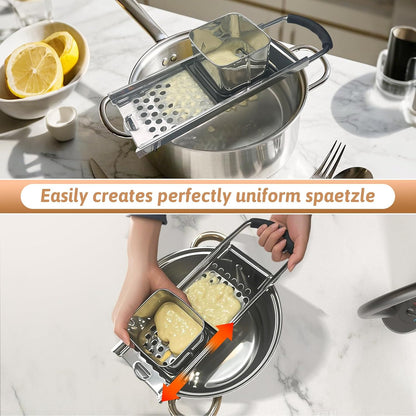 Premium Grade Stainless Steel Spaetzle Maker with Anti-slip Rubber Handle, Spider Strainer Skimmer, Silicone Scraper and Plastic Brush, Homemade German Egg Noodle Dumpling Making Tool Set