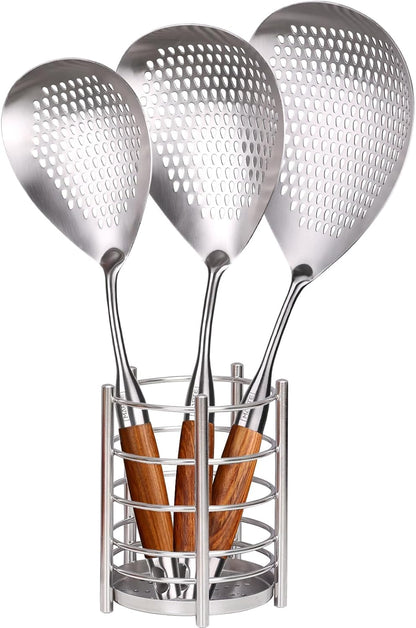 MARTE Skimmer Slotted Spoon Set of 4 - Kitchen Pasta Strainer Spoon - Spider Strainer Skimmer Ladle Spoon with Holder for Cooking and Frying Food, Spaghetti, Vegetable, Dumpling - 14.8In,16.5In,17In