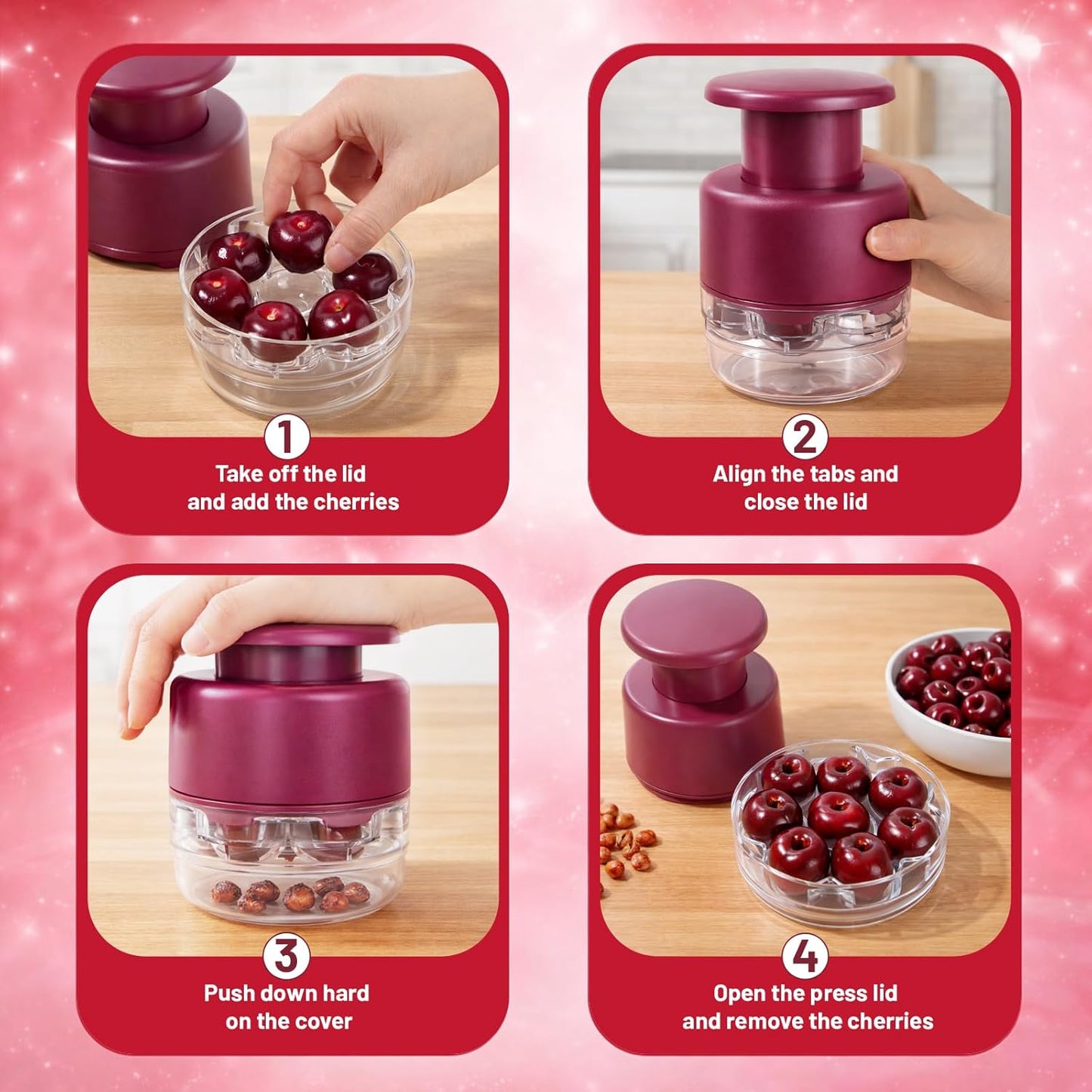 7 Hole Cherry Pitter, Upgraded Stainless Steel with Layer Separation (Fruit & Pit Separate), Anti-Splash Cover, Professional Multi-Cherry Remover for Baking, Kitchen Gadget (Red)