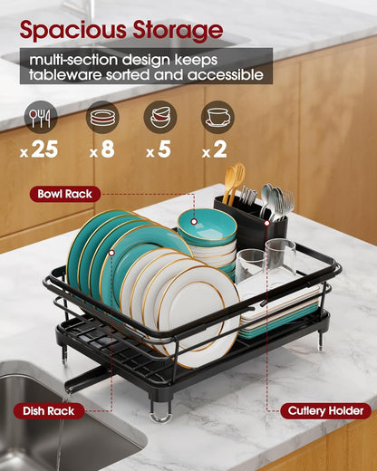 Sakugi Dish Drying Rack in Sink - Expandable Stainless Steel Dish Rack Over the Sink, Kitchen Sink Drain Strainer with Cutlery Holder & Cup Holders, 15.4 x 9.8 x 3.0 Inch, Silver