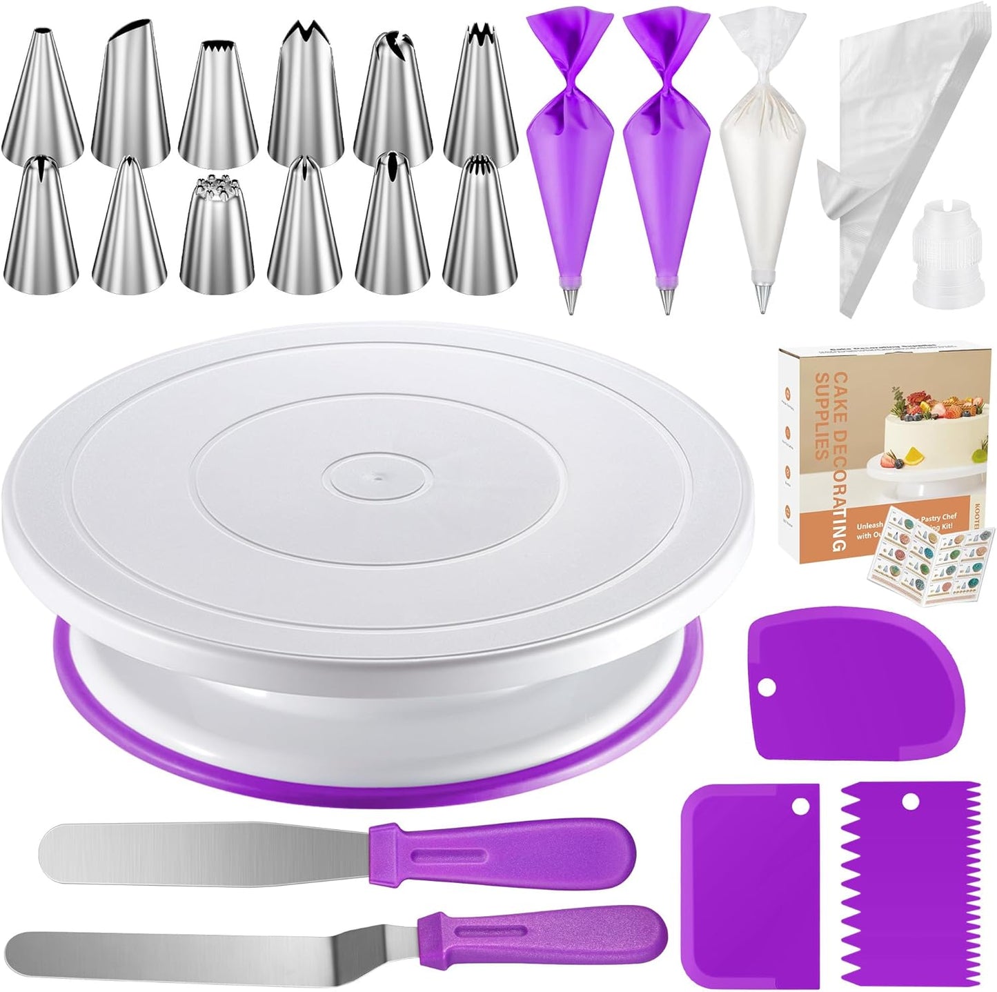 Kootek 71PCs Cake Decorating Kit, Baking Supplies Tools - Includes Cake Stand Turntable, 12 Icing Piping Tips Set, 2 Frosting Spatulas, 3 Scrapers, 50+2 Piping Bags, Coupler, Video Tutorial, Booklet
