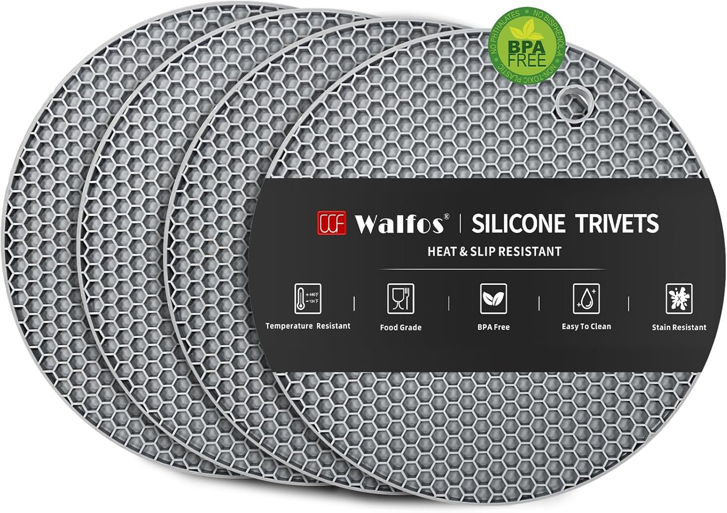 Walfos Silicone Trivet Mats - 4 Heat Resistant Pot Holders, Multipurpose Non-Slip Hot Pads for Kitchen Potholders, Hot Dishers, Jar Opener, Spoon Holder, Food Grade Silicone & BPA Free (Black)