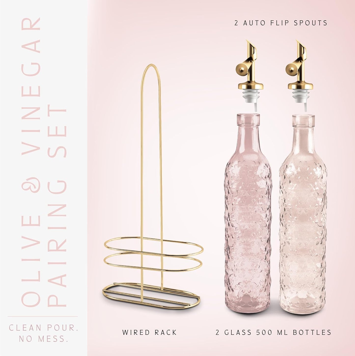 COOK WITH COLOR Glass Olive Oil Bottle Dispenser - 2 Pack- 17oz Oil and Vinegar Cruet - Olive Oil Carafe Decanter for Kitchen, Elegant Waves, Clear