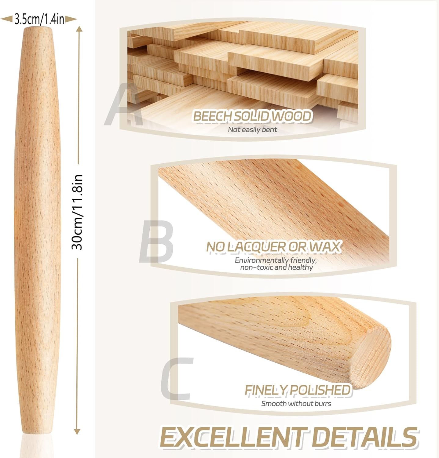French Rolling Pin for Baking - Tuyotue 7.9 Inches Beech Wood Tapered Rolling Pin Dough Roller for Pizza Dough, Pie Crust Cookie Fondant Dumpling