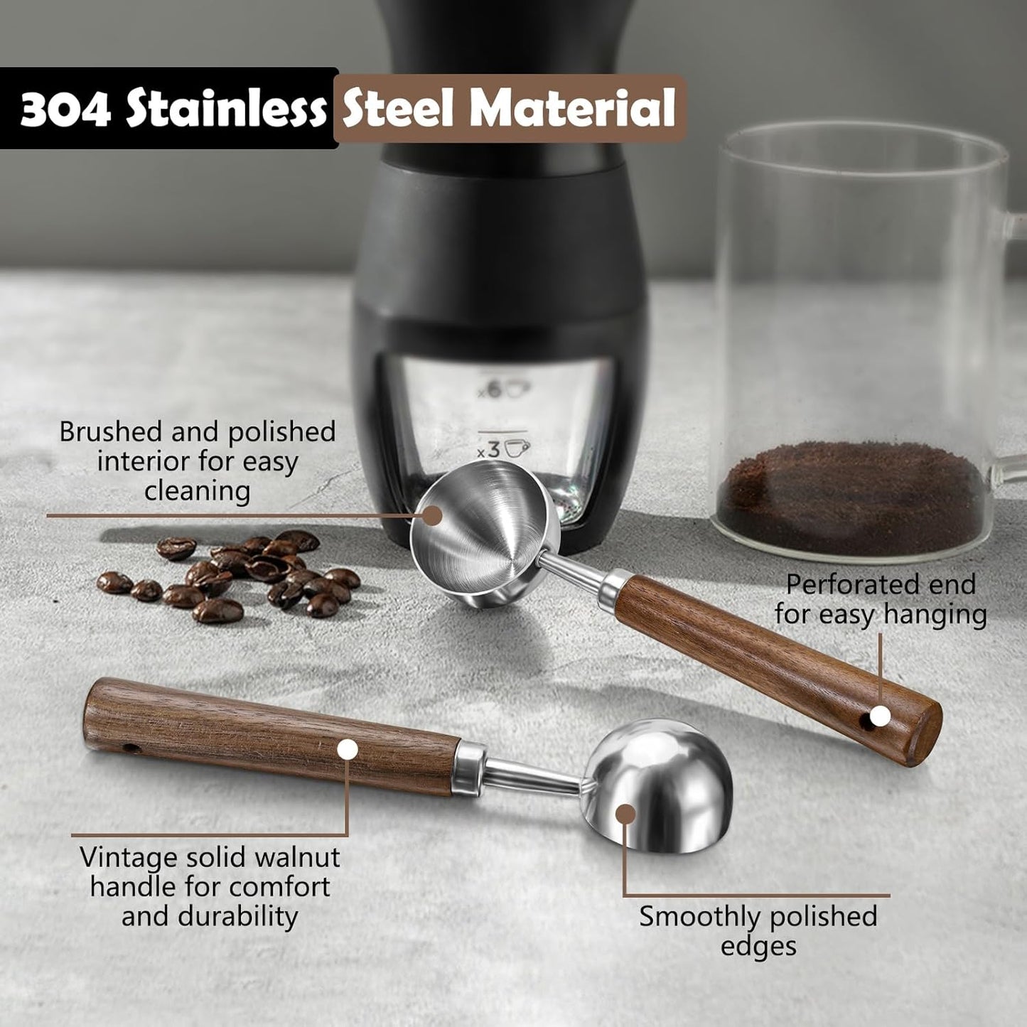 2Pcs Coffee Scoop for Ground Coffee - 1 Tbsp (15ml) & 2 Tbsp (30ml) Tablespoon Scoop, 304 Stainless Steel Coffee Measuring Spoon with Long Walnut Wood Handle, Silver