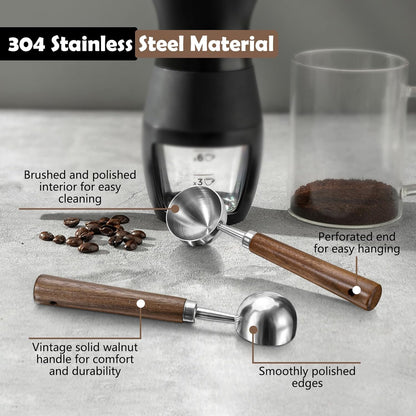 2Pcs Coffee Scoop for Ground Coffee - 1 Tbsp (15ml) & 2 Tbsp (30ml) Tablespoon Scoop, 304 Stainless Steel Coffee Measuring Spoon with Long Walnut Wood Handle, Silver