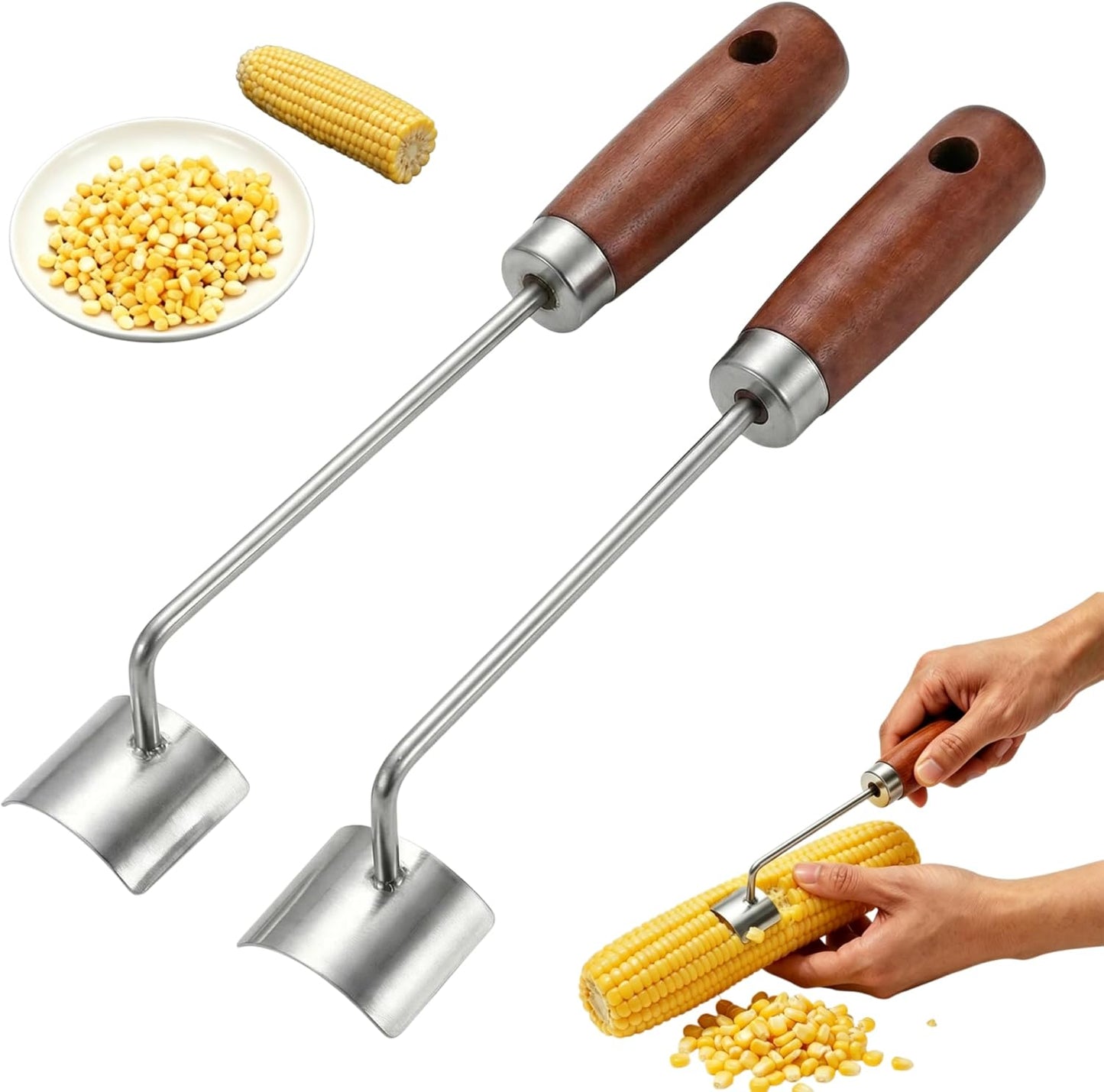 2Pcs Corn Peeler 2026 Upgrade, 304 Stainless Steel Curved Blade Corn Cob Stripper with Wooden Handle, Ergonomic Kernel Remover for Fresh, Cooked, or Frozen Corn