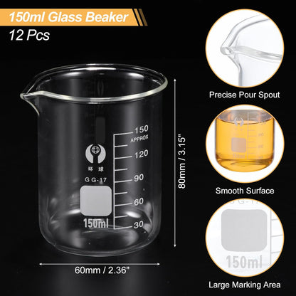 PATIKIL 50ml Low Form Glass Beaker, 12 Pack 3.3 Borosilicate Glass Graduated Printed Scale Measuring Cups with Spout for Kitchen Lab Liquids