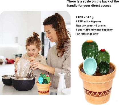 5 Pieces Measuring Spoons Set/Ceramics Spoons and Measuring Base Cup/for Dry and Liquid Ingredient, Cute Cactus Shape (Solid color base)