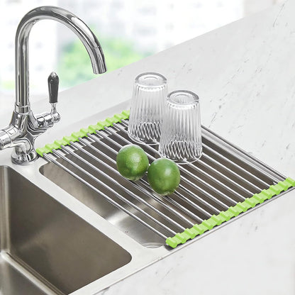 Seropy Roll Up Dish Drying Rack Over The Sink for Kitchen Sink Drying Rack Folding Dish Drainer Mat Rolling Dish Rack Sink Rack Stainless Steel Kitchen Dry Rack Black 17.5x15.7 Inch