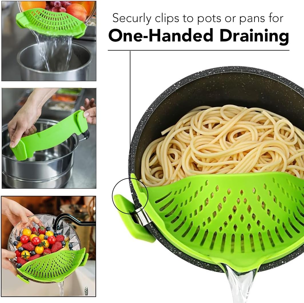 Clip‑On Pot Strainer Silicone Gray Dishwasher‑Safe Side‑Mount Design 9.4×4.6×2.5 Inches | Snap Drain Colander for Pans Bowls Skillets | Heat‑Resistant Kitchen Gadget Splash‑Guard