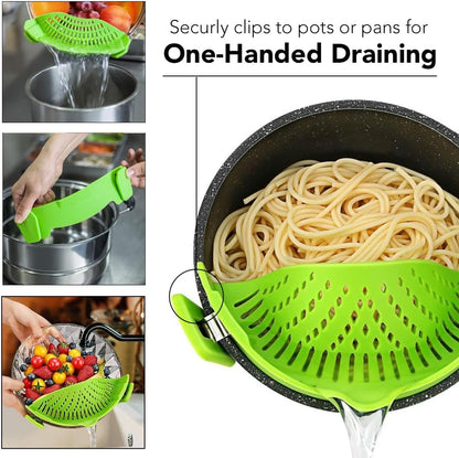 Clip‑On Pot Strainer Silicone Gray Dishwasher‑Safe Side‑Mount Design 9.4×4.6×2.5 Inches | Snap Drain Colander for Pans Bowls Skillets | Heat‑Resistant Kitchen Gadget Splash‑Guard