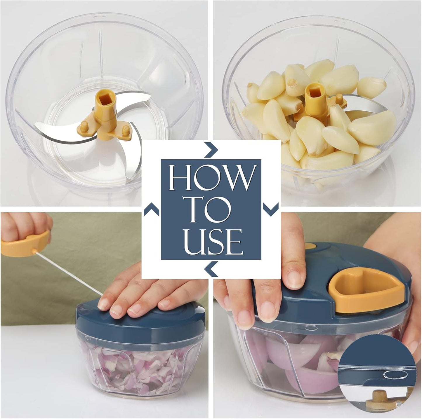 Ourokhome Manual Food Processor Vegetable Chopper, Portable Hand Pull String Garlic Mincer Onion Cutter for Veggies, Ginger, Fruits, Nuts, Herbs, etc., 500ml, Deep Blue
