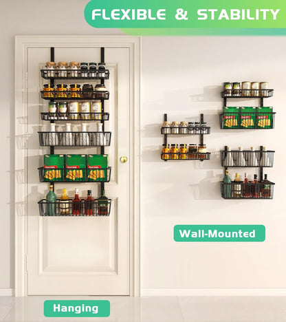 Mefirt White 9-Tier Over The Door Pantry Organizer, Pantry Organization and Storage, Deep Baskets Hanging Heavy-Duty Metal, Wall Spice Rack Seasoning Shelves for Home & Kitchen, Laundry Room Bathroom