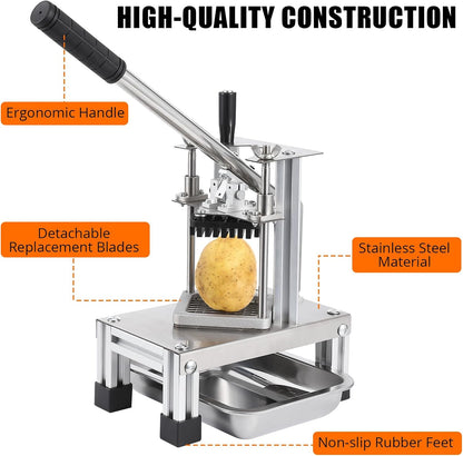 Commercial Vegetable Fruit Chopper, Stainless Steel French Fry Cutter with 4 Replacement Blades, Heavy Duty Vegetable Chopper Dicer for Potato Onion Carrot Cucumber