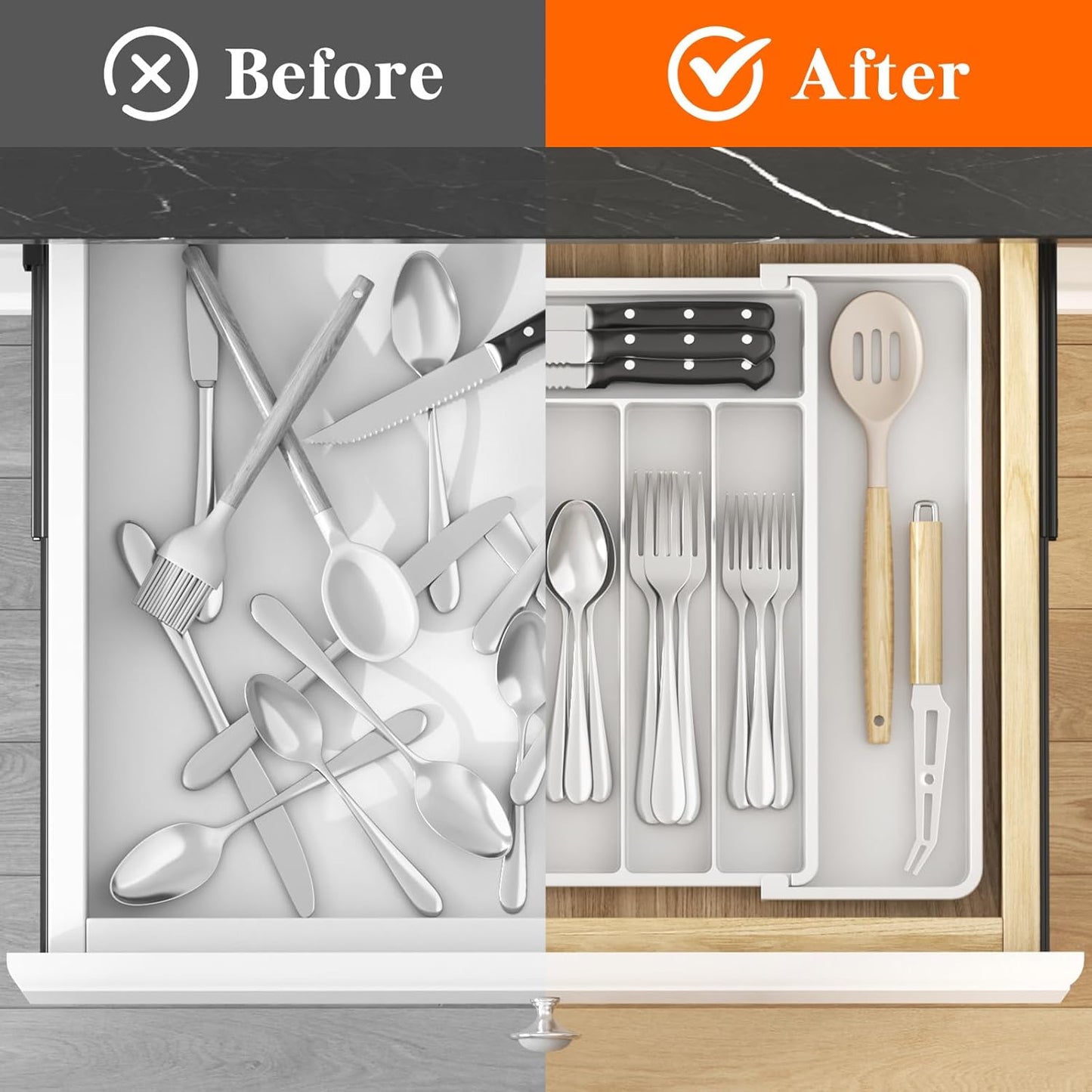 Lifewit Silverware Drawer Organizer, Expandable Utensil Tray for Kitchen, BPA Free Flatware and Cutlery Holder, Adjustable Plastic Storage for Spoons Forks Knives, 11-18 x 14", Black