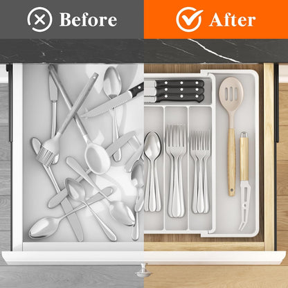 Lifewit Silverware Drawer Organizer, Expandable Utensil Tray for Kitchen, BPA Free Flatware and Cutlery Holder, Adjustable Plastic Storage for Spoons Forks Knives, 11-18 x 14", Black