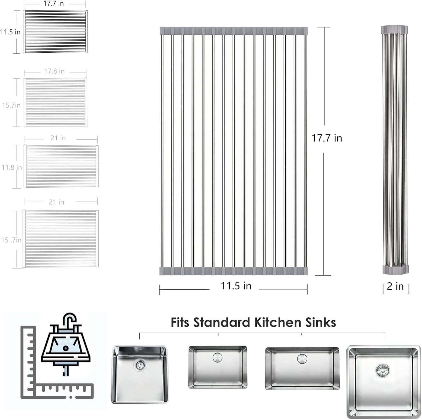 Tomorotec Roll Up Dish Drying Rack Over The Sink Grey Large Dish Drying Rack Rolling Foldable Collapsible SUS304 Stainless Steel Multipurpose Dish Drainer for Kitchen Counter (21”x15.7”)