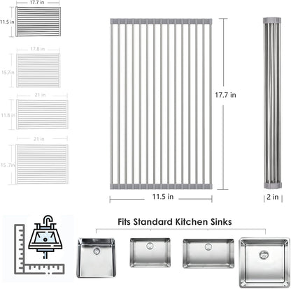 Tomorotec Roll Up Dish Drying Rack Over The Sink Grey Large Dish Drying Rack Rolling Foldable Collapsible SUS304 Stainless Steel Multipurpose Dish Drainer for Kitchen Counter (21”x15.7”)