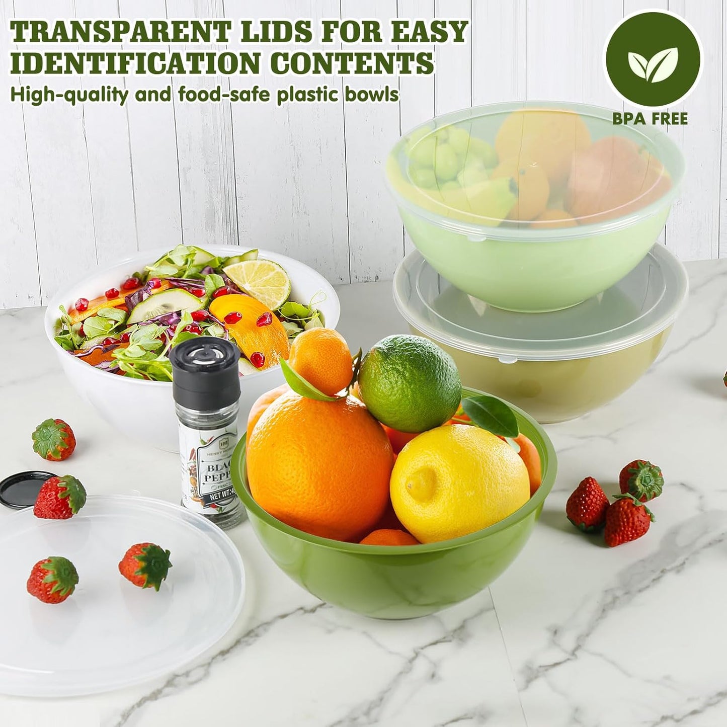 Greentainer 4-Piece Plastic Mixing Bowl Set with Lids for Kitchen, 67oz Lightweight Storage Bowls, Large Salad Bowls for Baking, Prepping, Cooking and Serving Food, Dishwasher & Microwave Safe