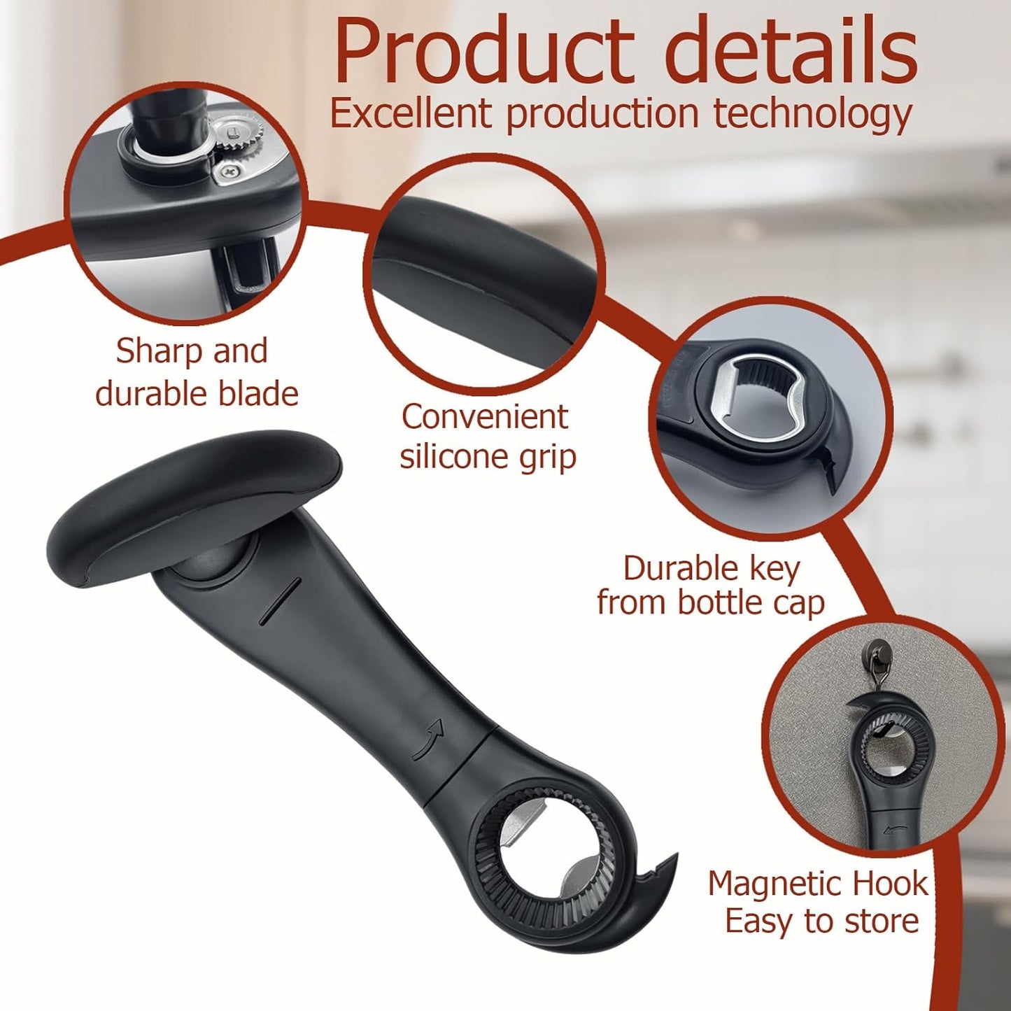 4-In-1 Multifunctional Can Opener Manual, Can Openers for Seniors with Magnetic Hooks, Can Opener Smooth Edge Suitable for Beer/Cans(Black)